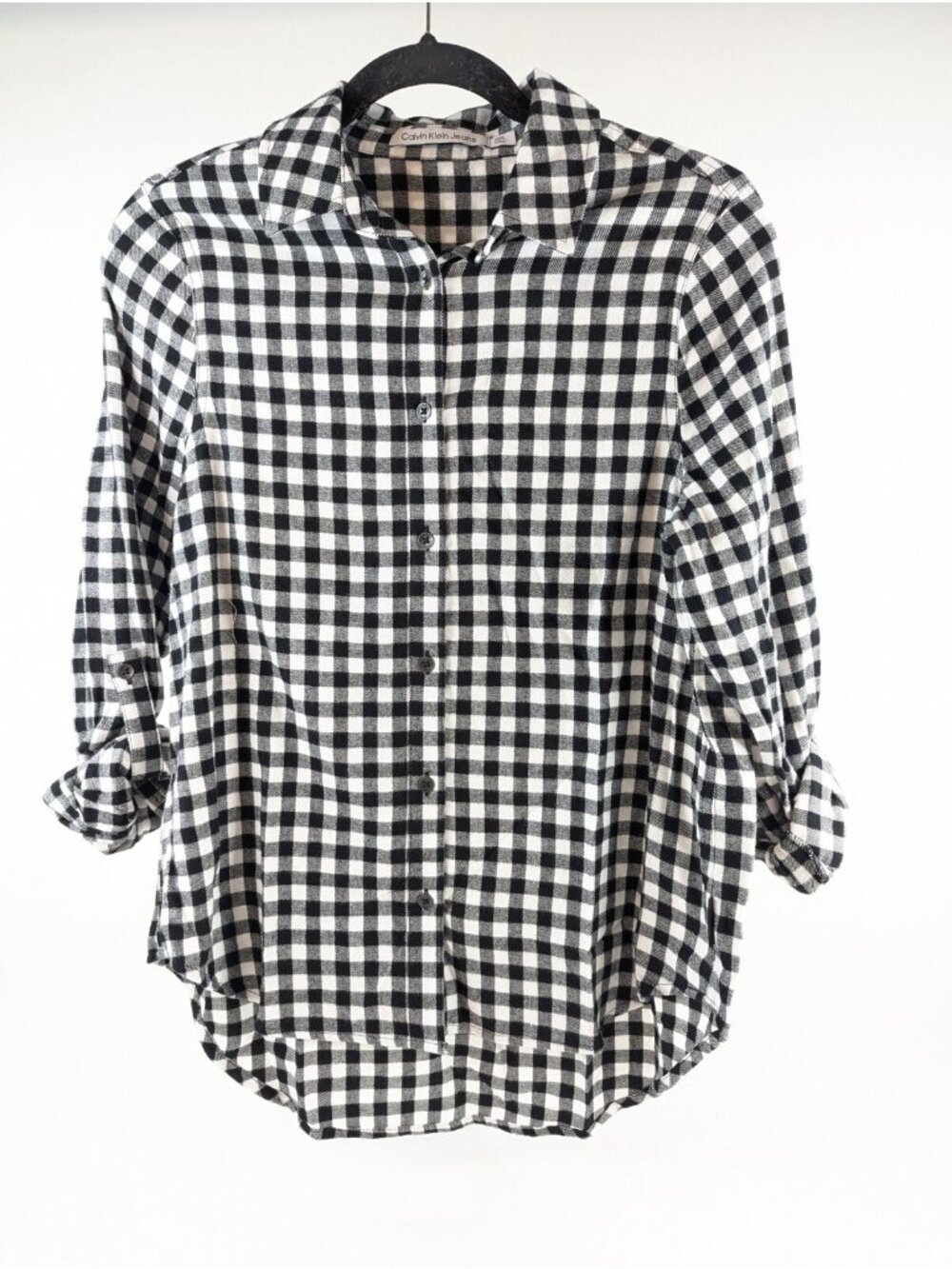 Calvin Klein Women Small Flannel Shirt Black White Plaid Long Sleeve Button Down - Picture 2 of 11